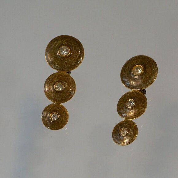 Designer Clip On Earrings Vintage Modernist Speckled Green Enamel w Rhinestones - Picture 2 of 4